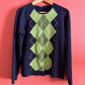 J. Crew Navy and Green Argyle Sweater - Vintage Y2K 2003-2004